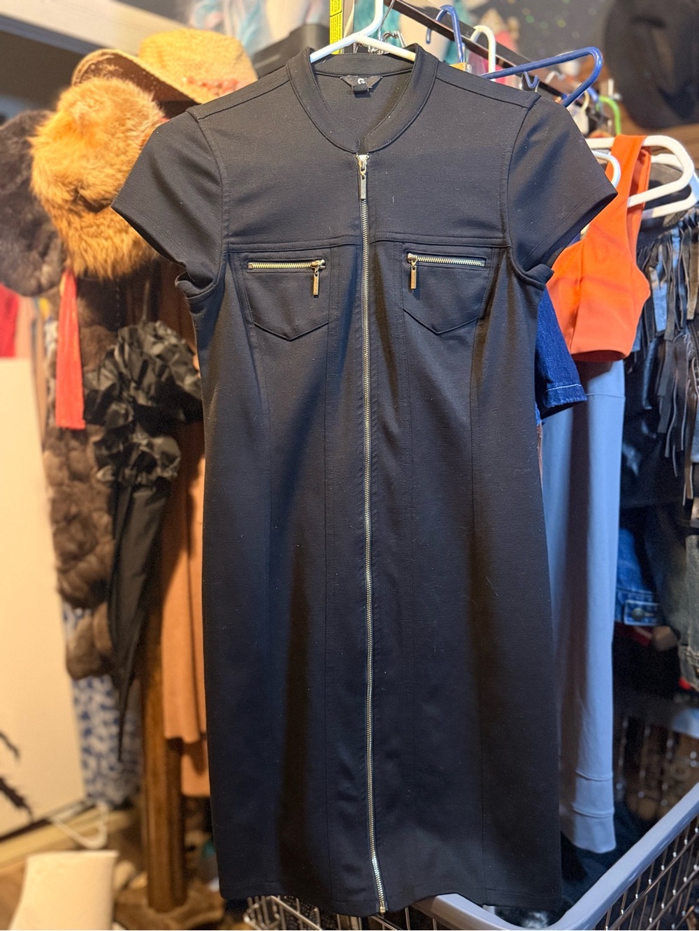 G by Guess Black Zip-Front Midi Dress